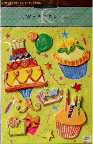 K & Company Marcella K Birthday Dimensional Glitter Stickers - SCRAPBOOKFARE