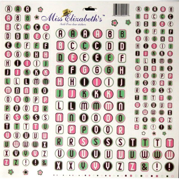 Miss Elizabeth's 12 x 12  Pink, Brown, White & Green Alphabets Clear Stickers Sheet - SCRAPBOOKFARE