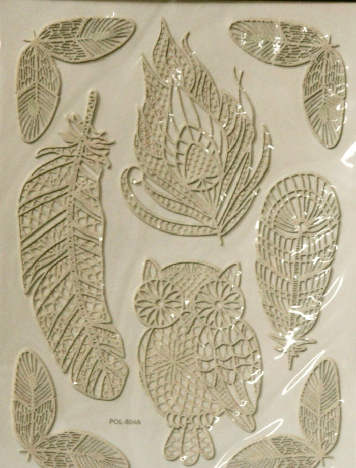 Beautiful Tan Lace Owl & Feathers Epoxy Stickers