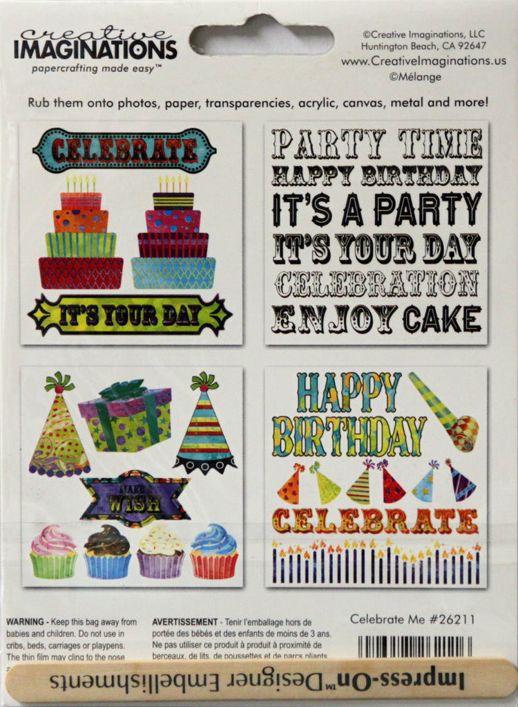 Creative Imaginations Melarge Celebrate Me Rub-On Transfers - SCRAPBOOKFARE