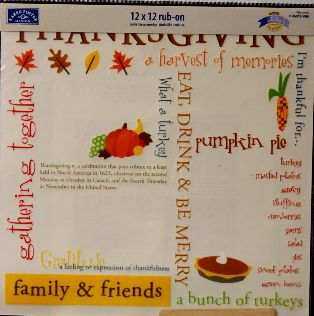 Karen Foster Design Thanksgiving 12" x 12" Rub-On Overlay - SCRAPBOOKFARE